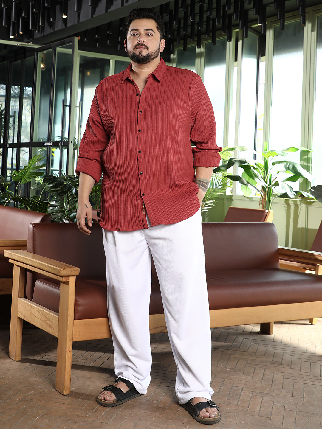 Men Brick Red Pin-Tactile Shirt