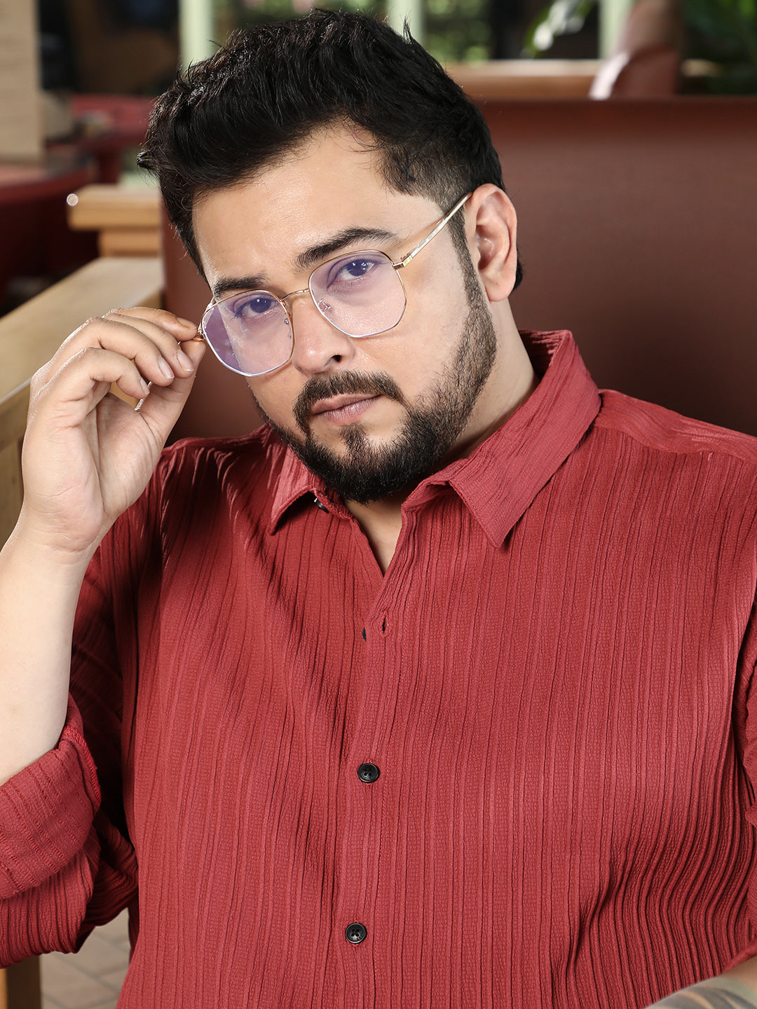 Men Brick Red Pin-Tactile Shirt