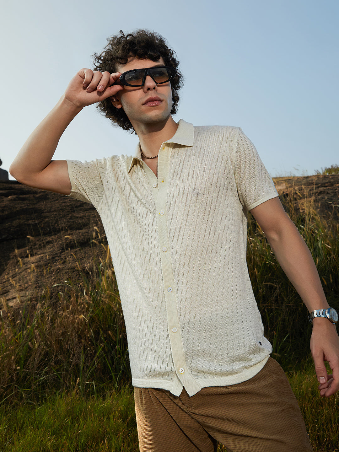 Men Off-White Rhombus-Knit Polo Shirt