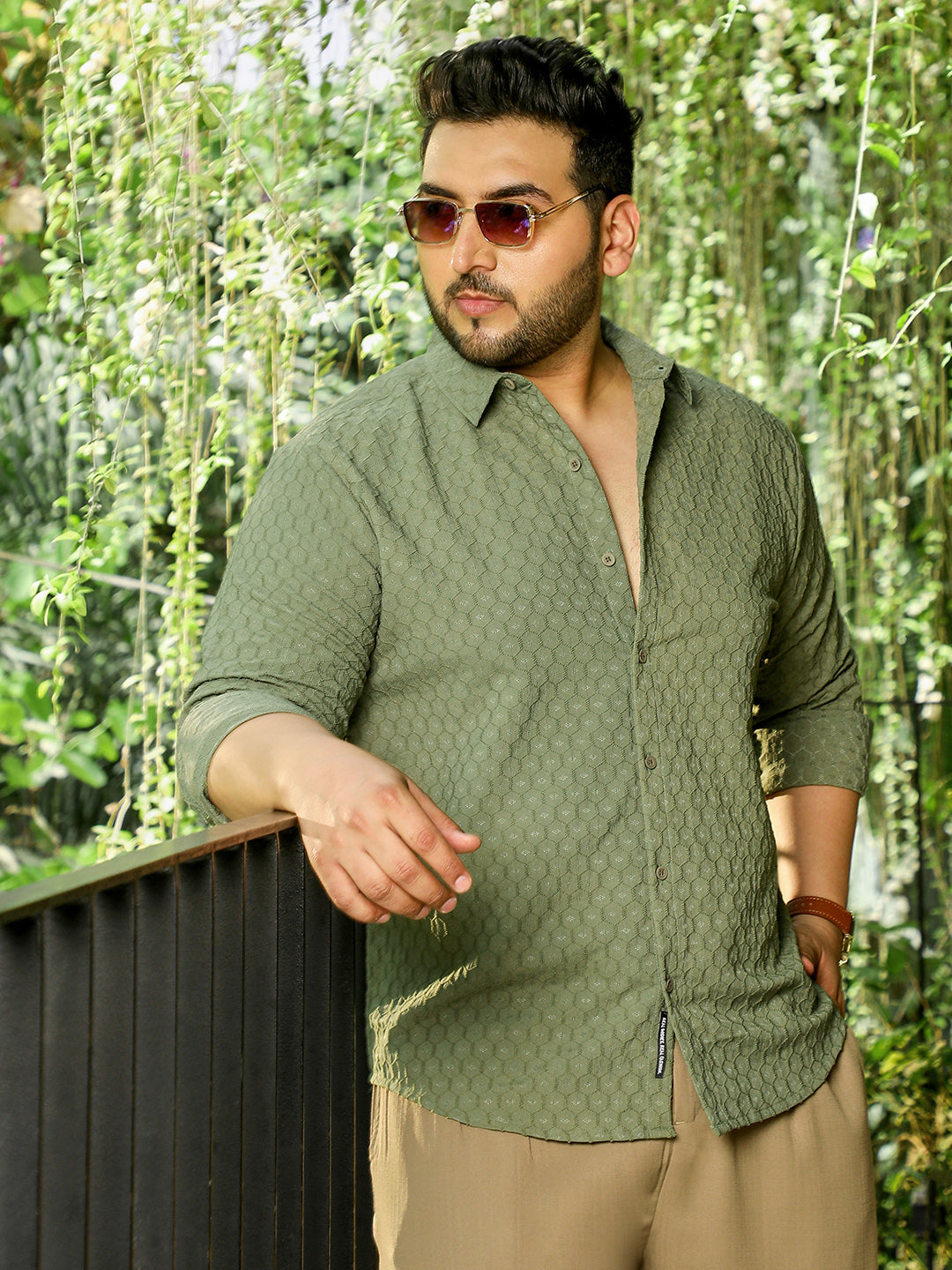 Men Olive Self Design Shirt