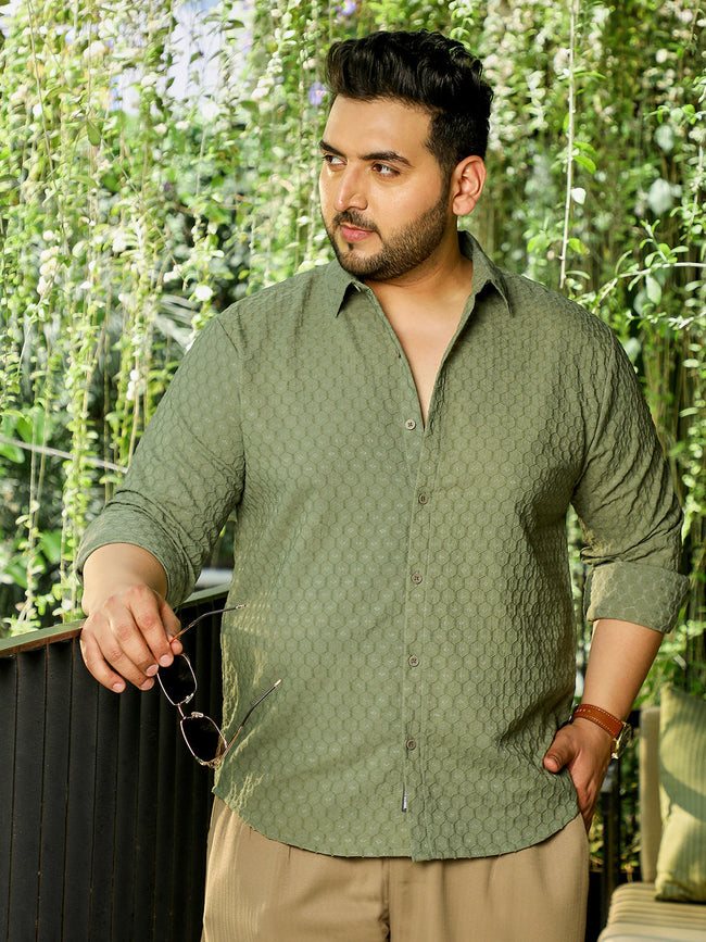 Men Olive Self Design Shirt