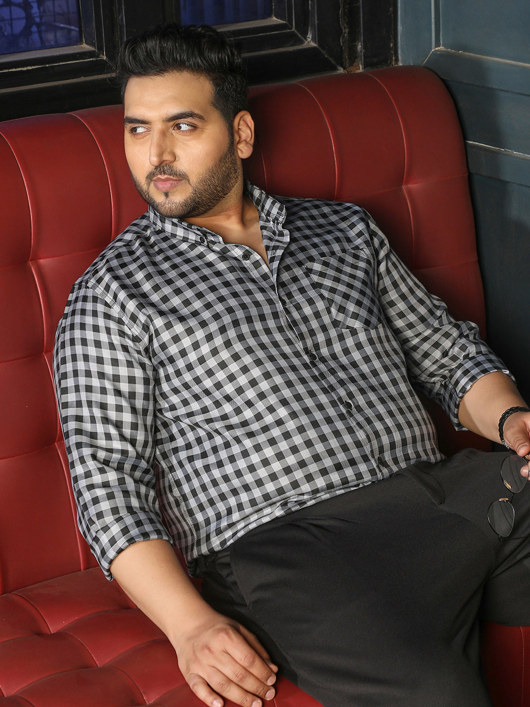 Men Black Gingham Check Shirt