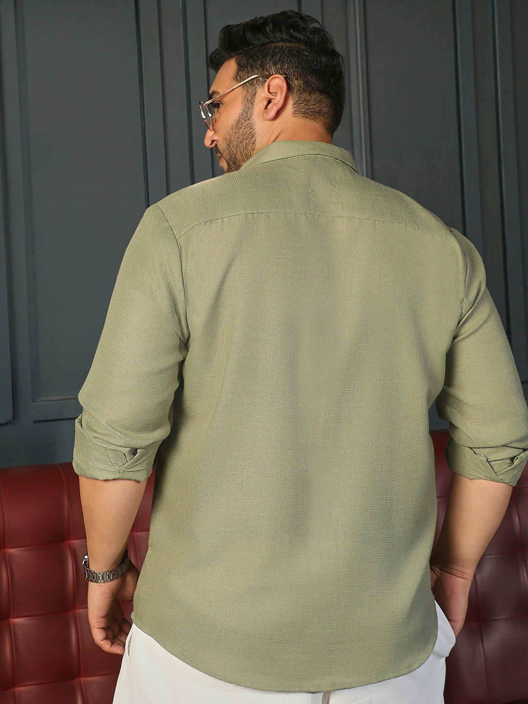 Men Sage Green Self Design Shirt