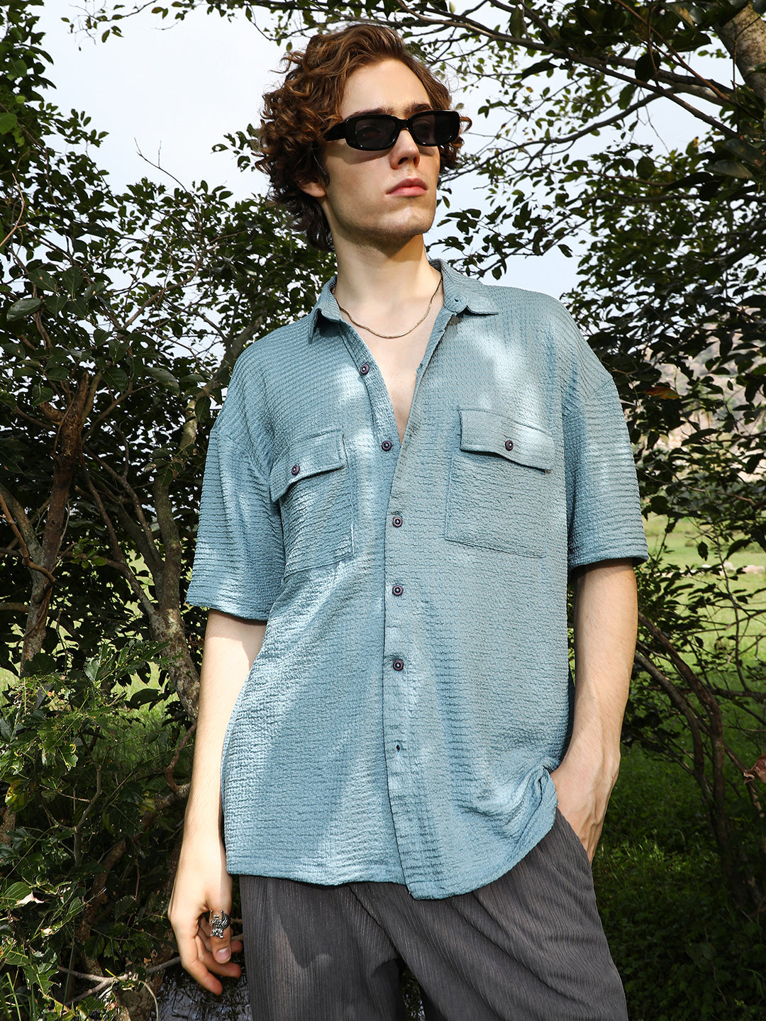 Men Sage Green Tactile-Utility Oversized Shirt