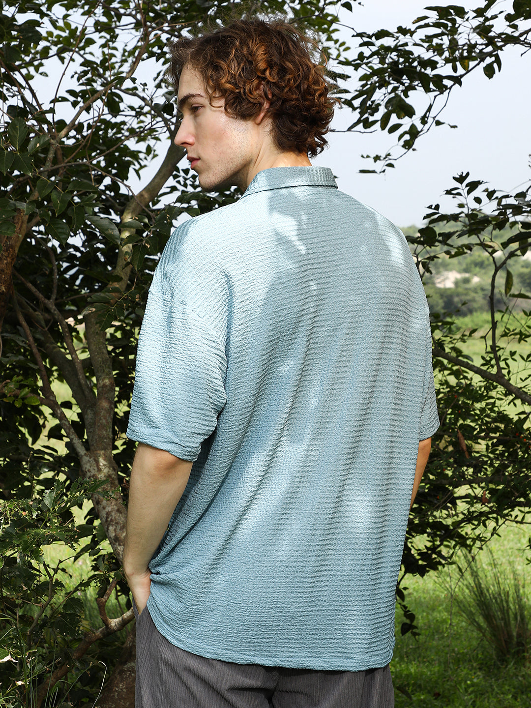 Men Sage Green Tactile-Utility Oversized Shirt