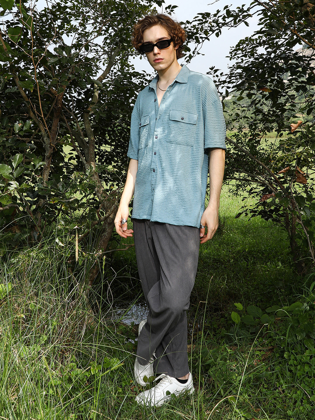 Men Sage Green Tactile-Utility Oversized Shirt