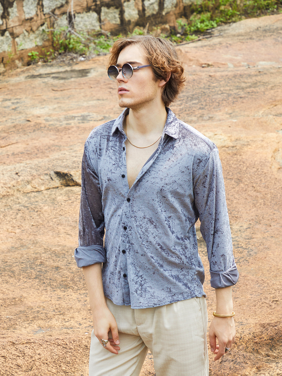 Men Moon Grey Solid Velvet Shirt