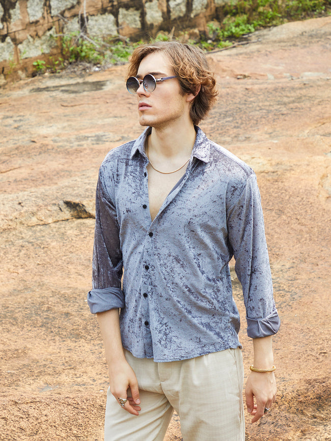 Men Moon Grey Solid Velvet Shirt
