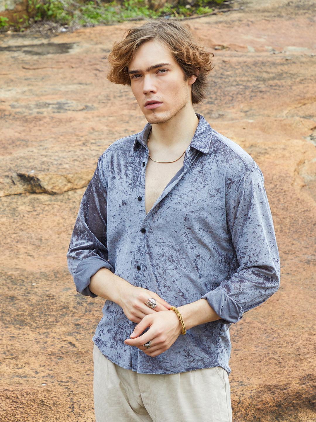 Men Moon Grey Solid Velvet Shirt