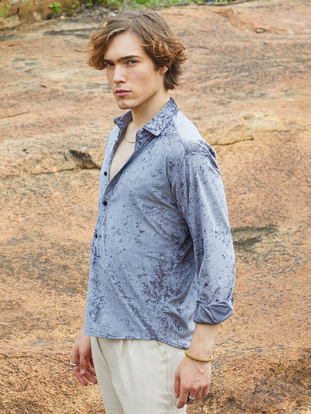 Men Moon Grey Solid Velvet Shirt