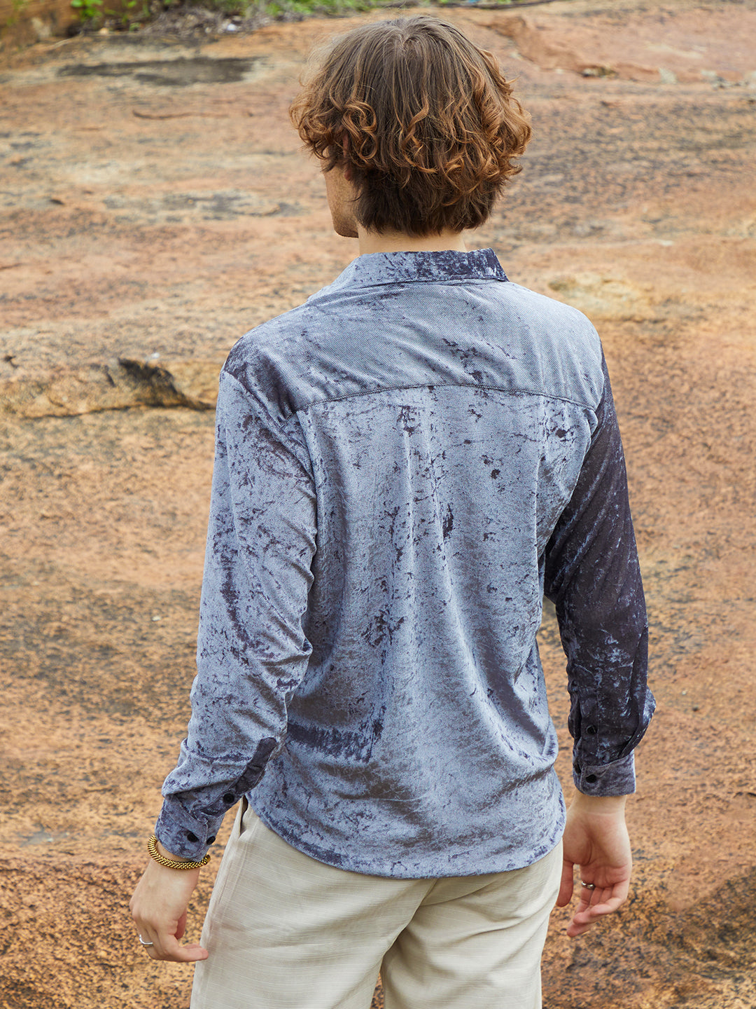 Men Moon Grey Solid Velvet Shirt
