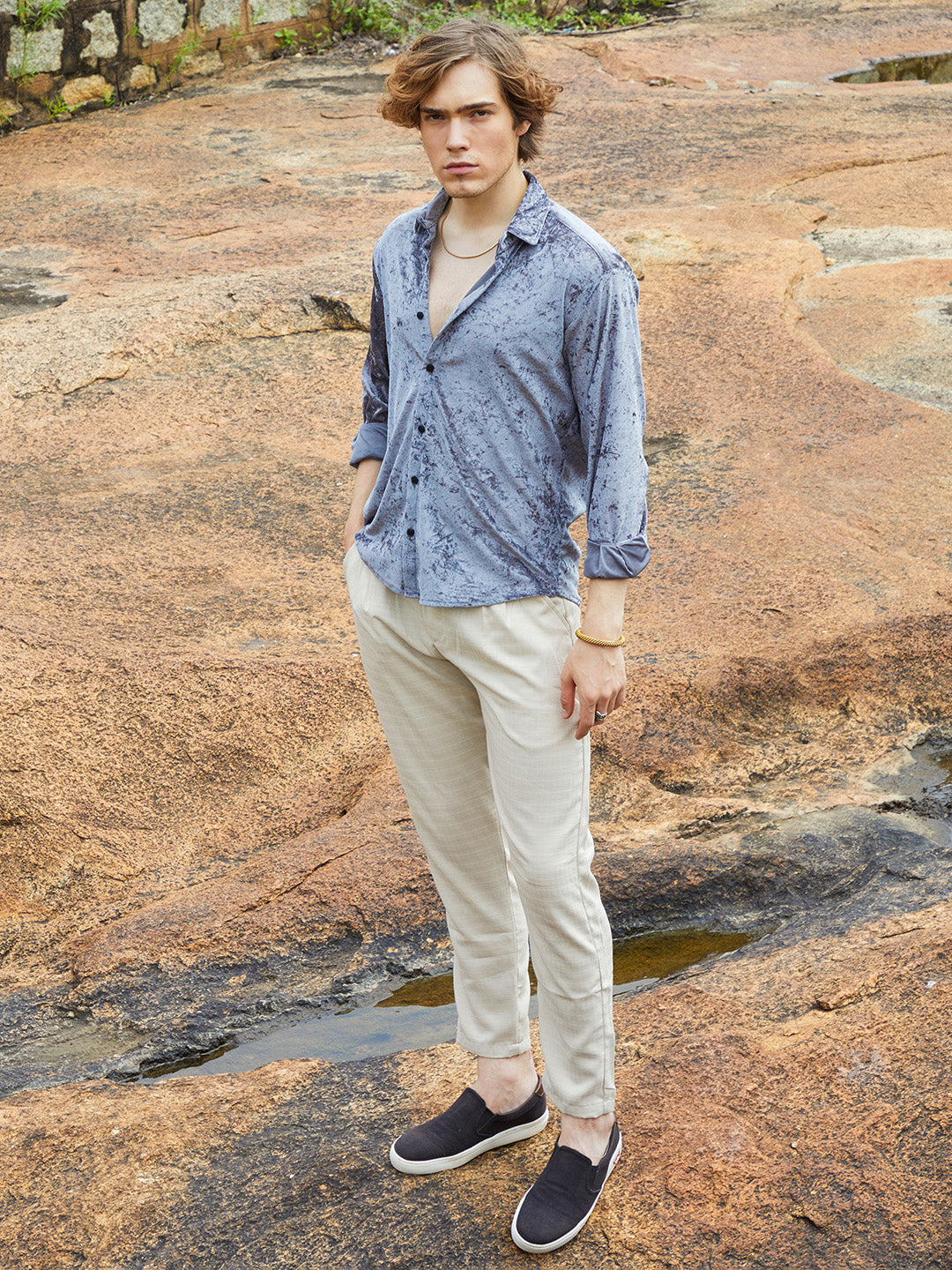 Men Moon Grey Solid Velvet Shirt