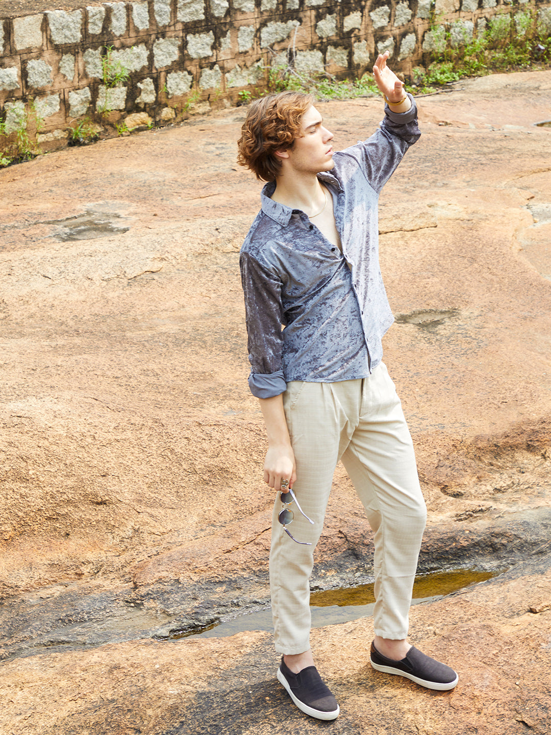 Men Moon Grey Solid Velvet Shirt