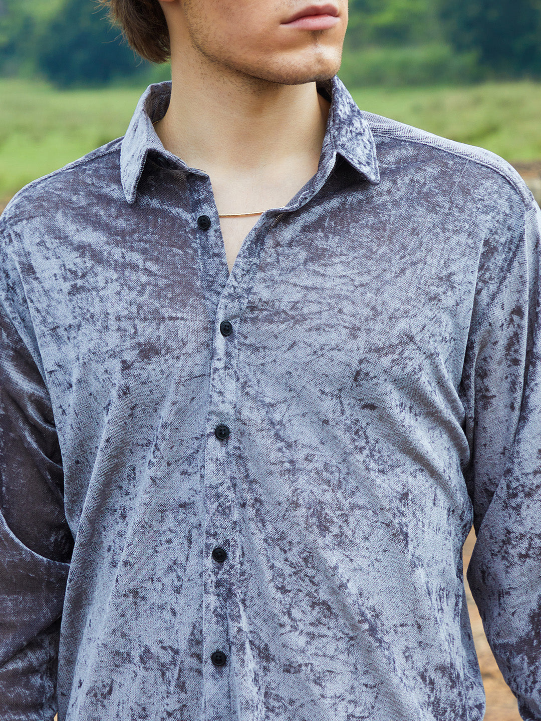 Men Moon Grey Solid Velvet Shirt