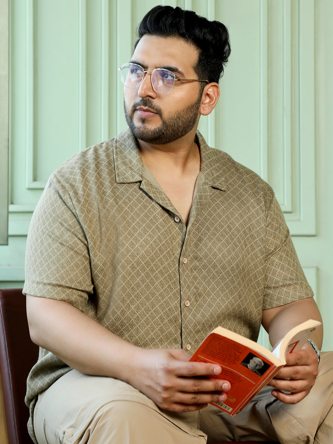 Men Khaki Self Design Shirt