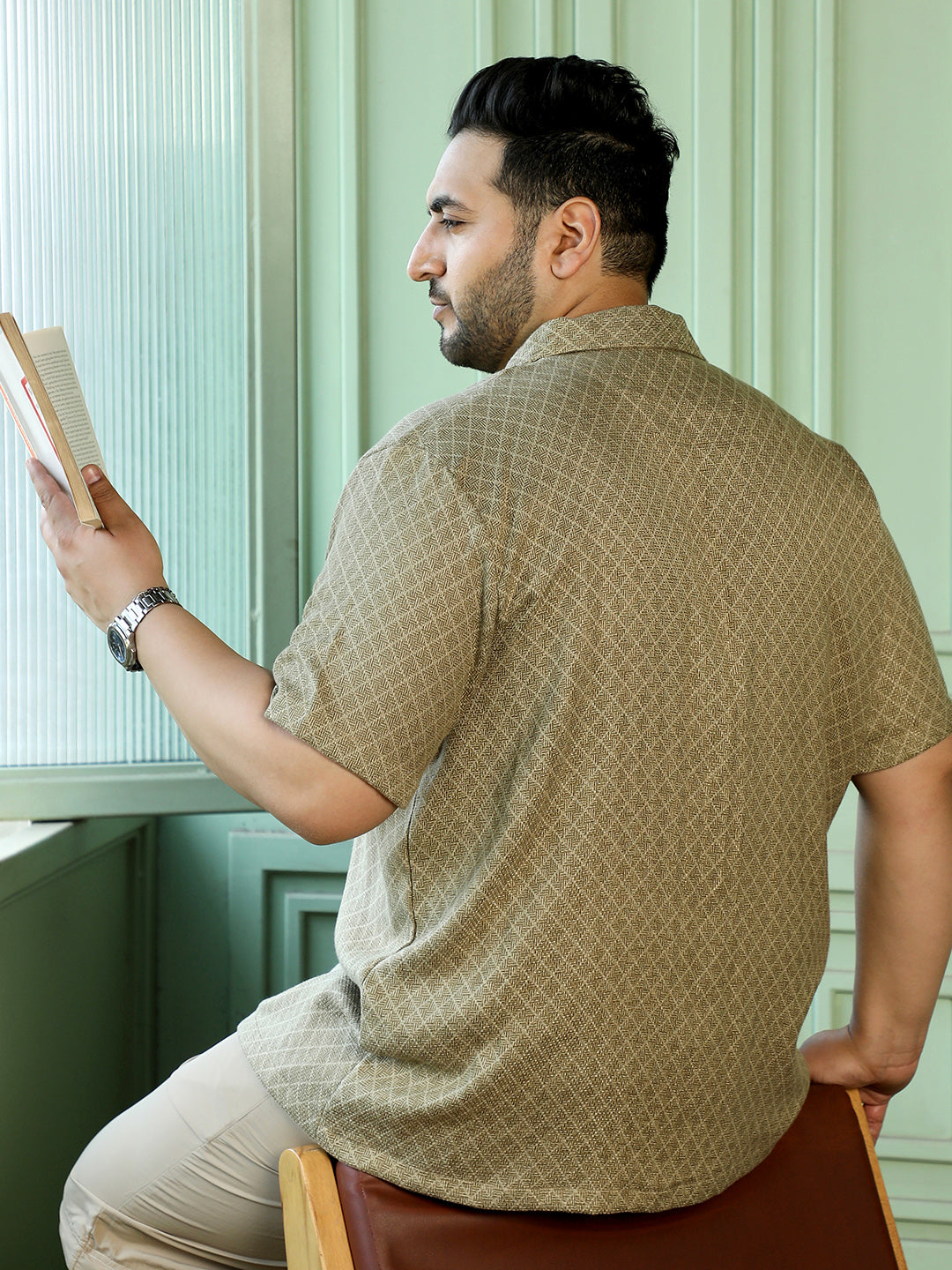 Men Khaki Self Design Shirt
