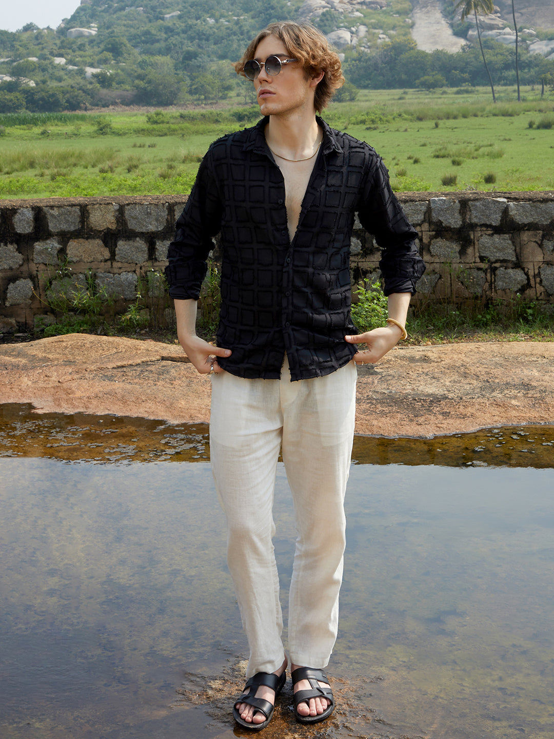 Men Onyx Black Cubic-Tassel Shirt