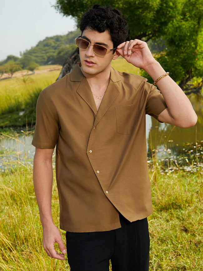 Men Camel Brown Asymmetrical Cuban Shirt