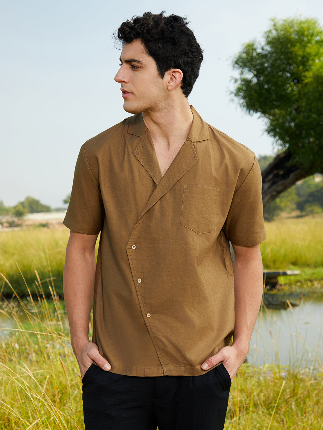Men Camel Brown Asymmetrical Cuban Shirt