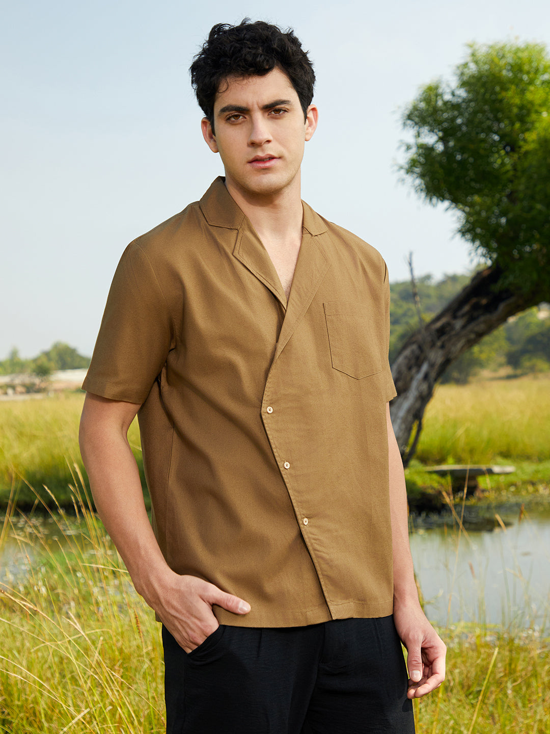 Men Camel Brown Asymmetrical Cuban Shirt