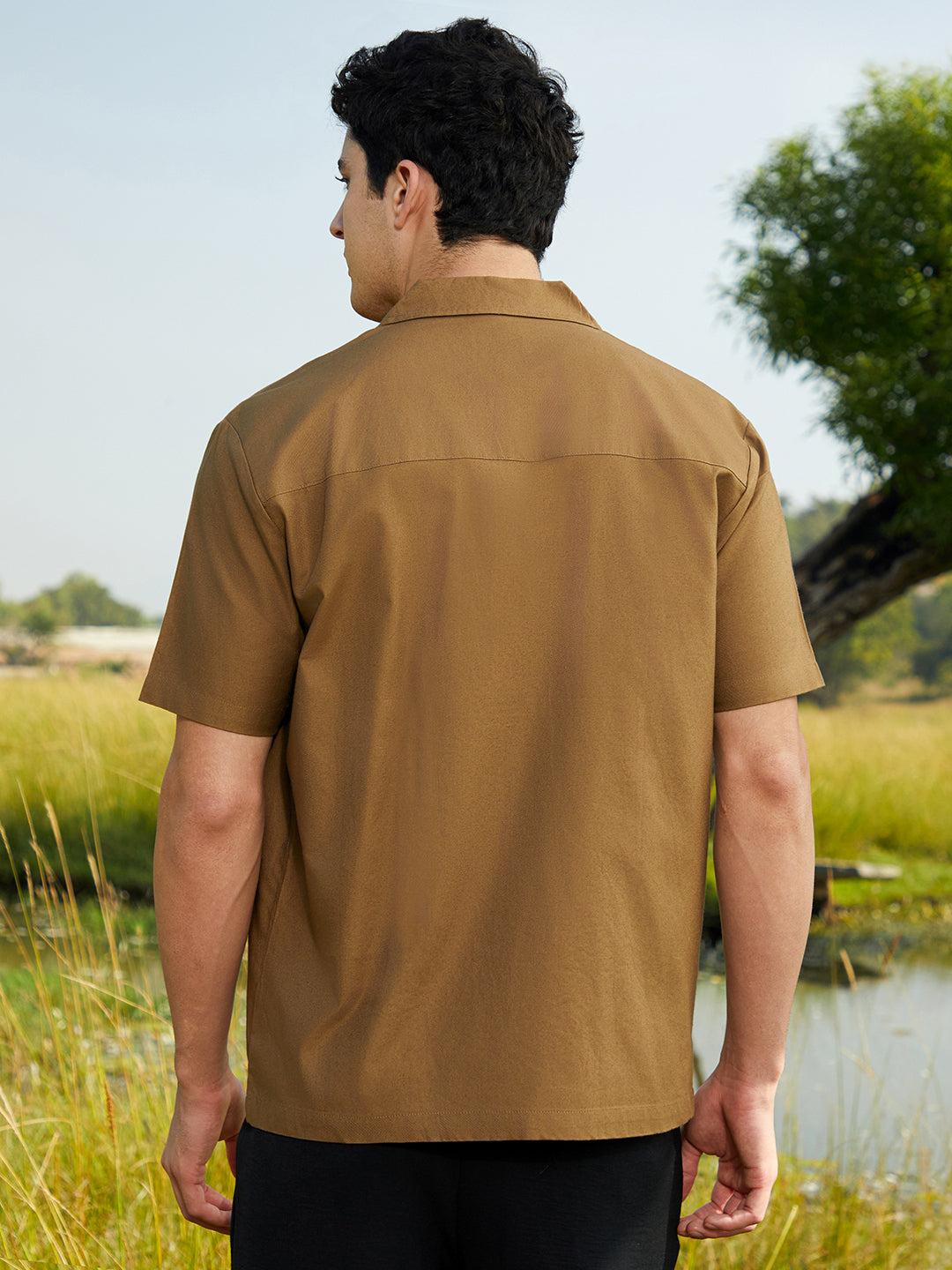Men Camel Brown Asymmetrical Cuban Shirt
