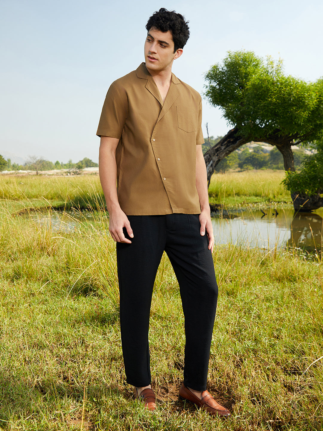 Men Camel Brown Asymmetrical Cuban Shirt