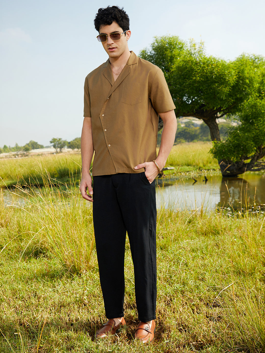 Men Camel Brown Asymmetrical Cuban Shirt