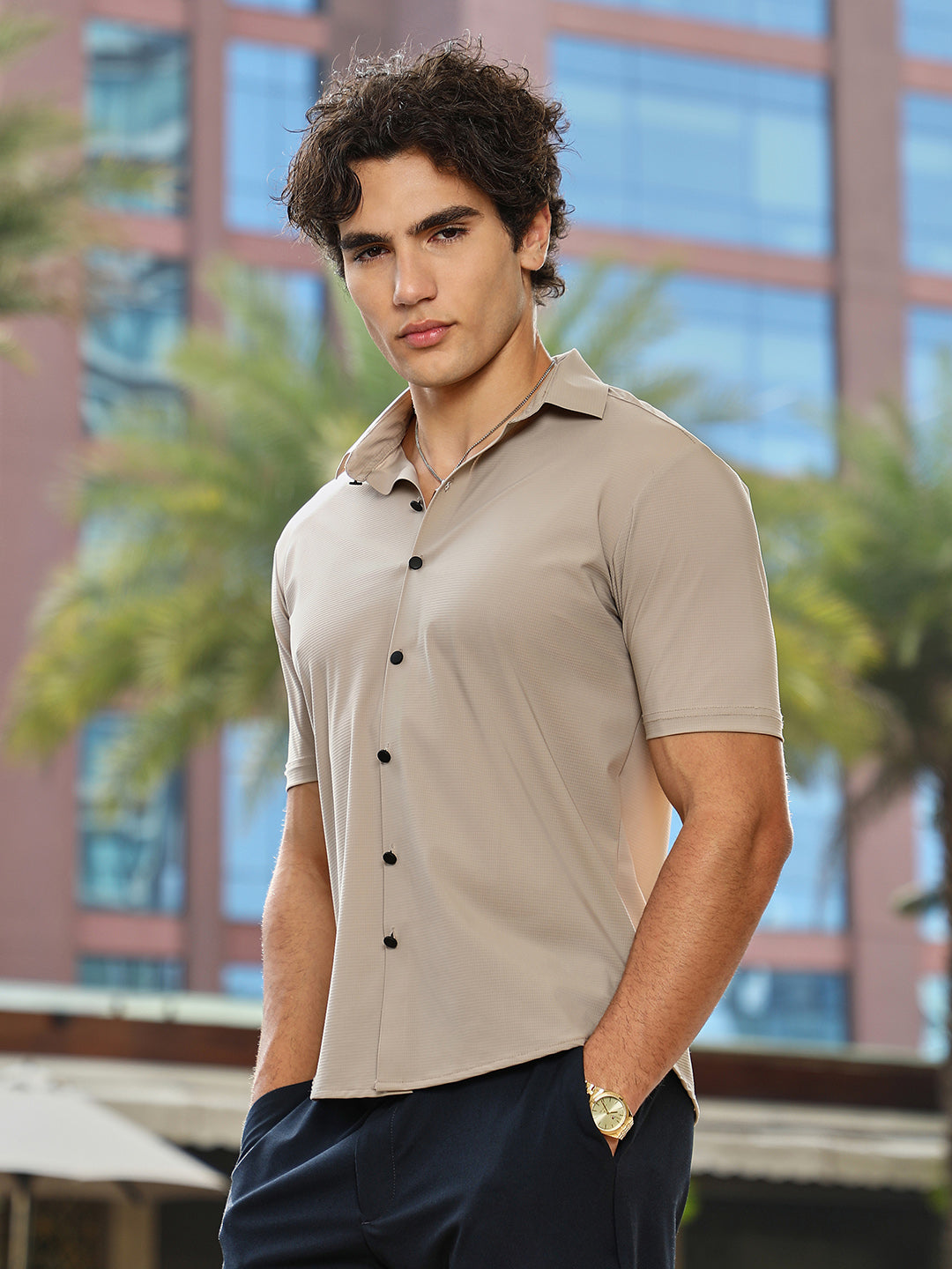 Men Sand Beige Seamless Waffle Shirt