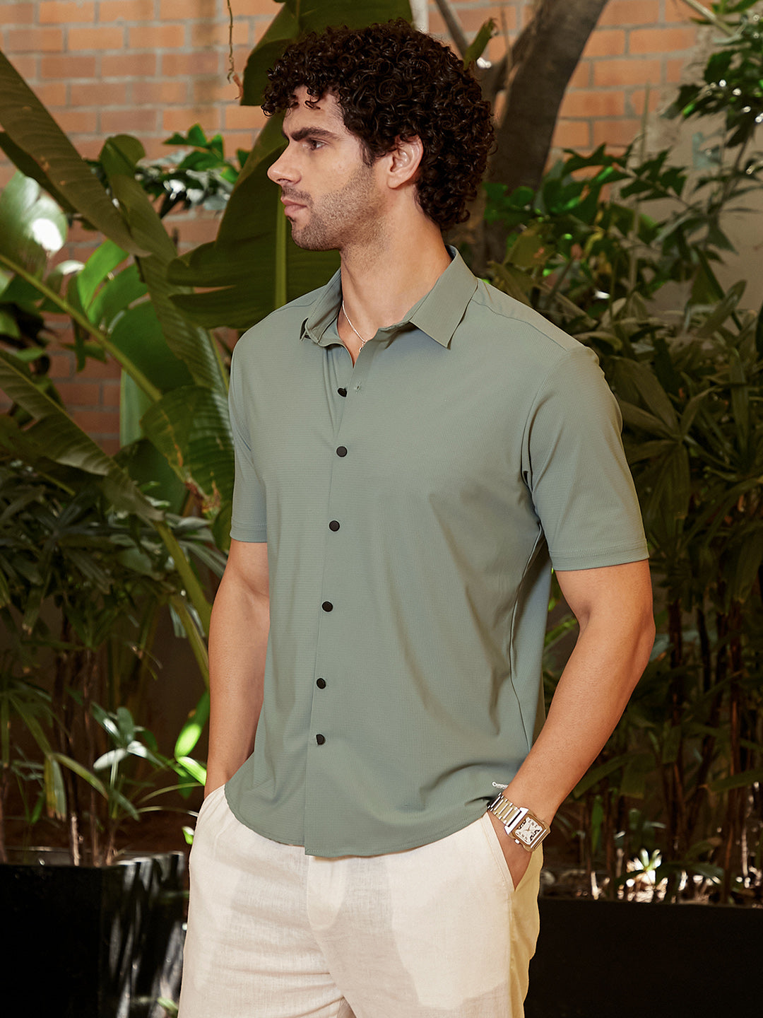 Men Sage Green Seamless Waffle Shirt