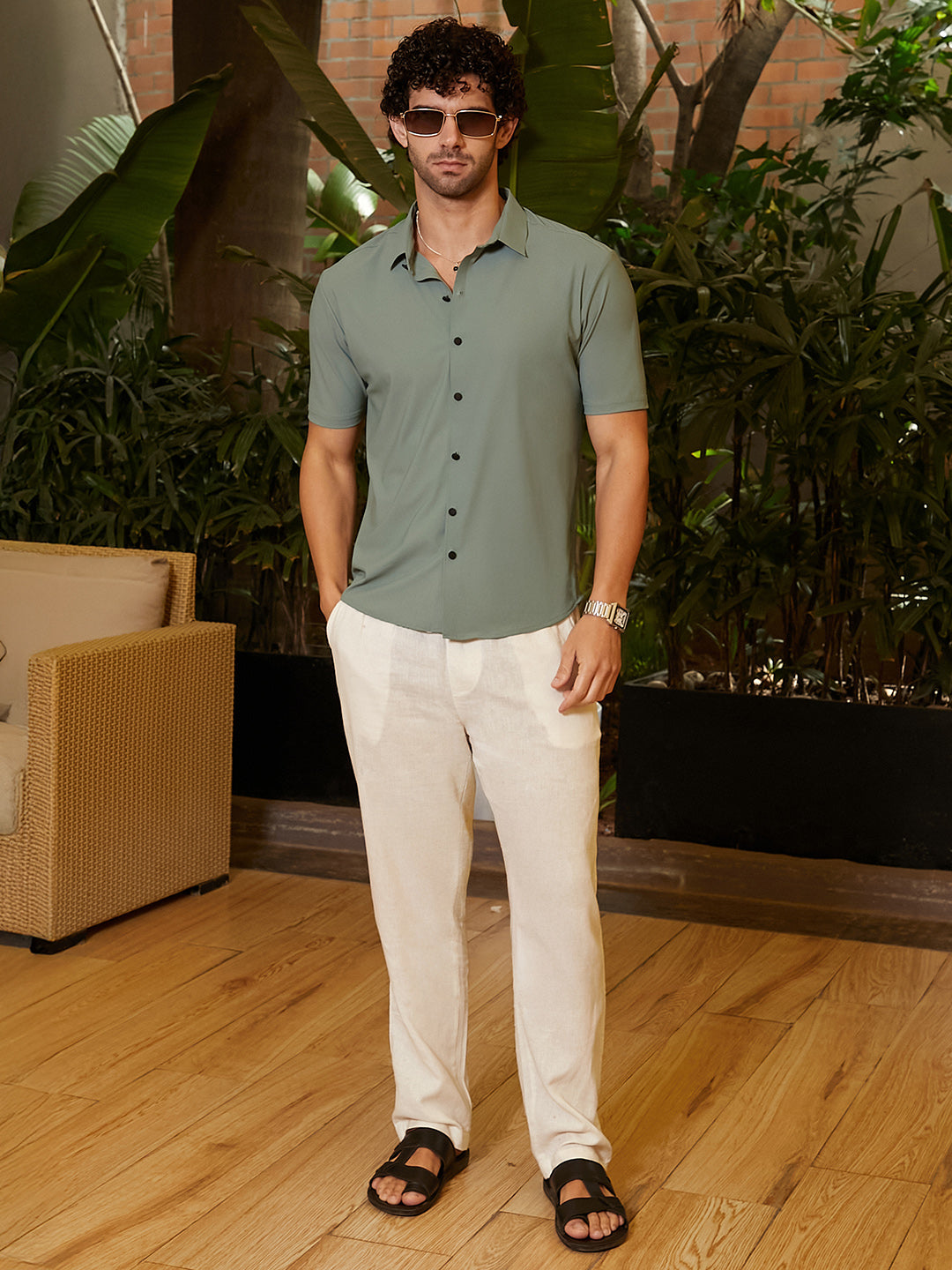 Men Sage Green Seamless Waffle Shirt
