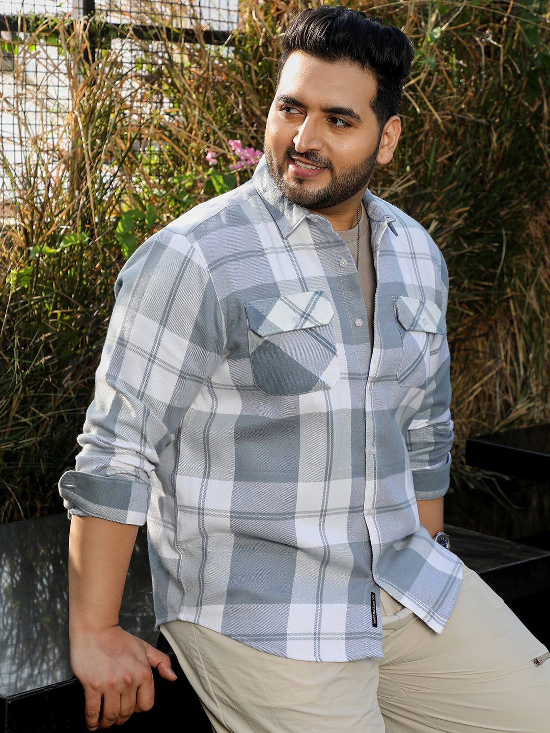 Men Grey Tartan Check Shirt
