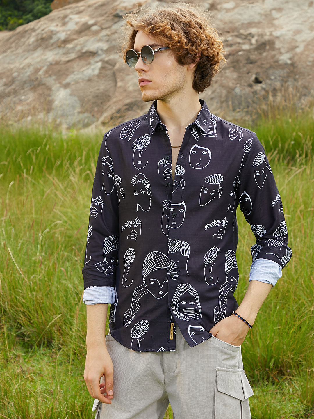 Men Midnight Black Doodle Face Shirt