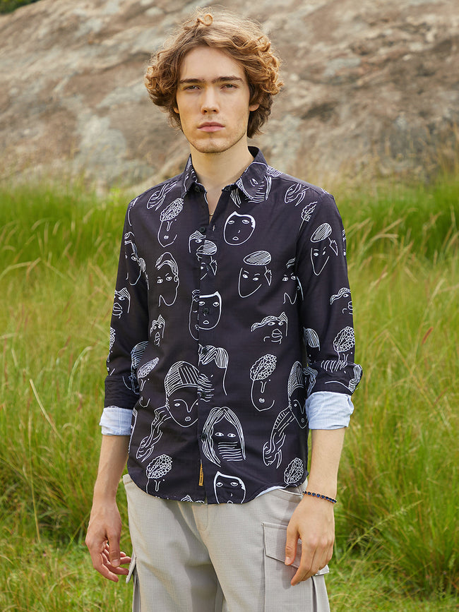 Men Midnight Black Doodle Face Shirt