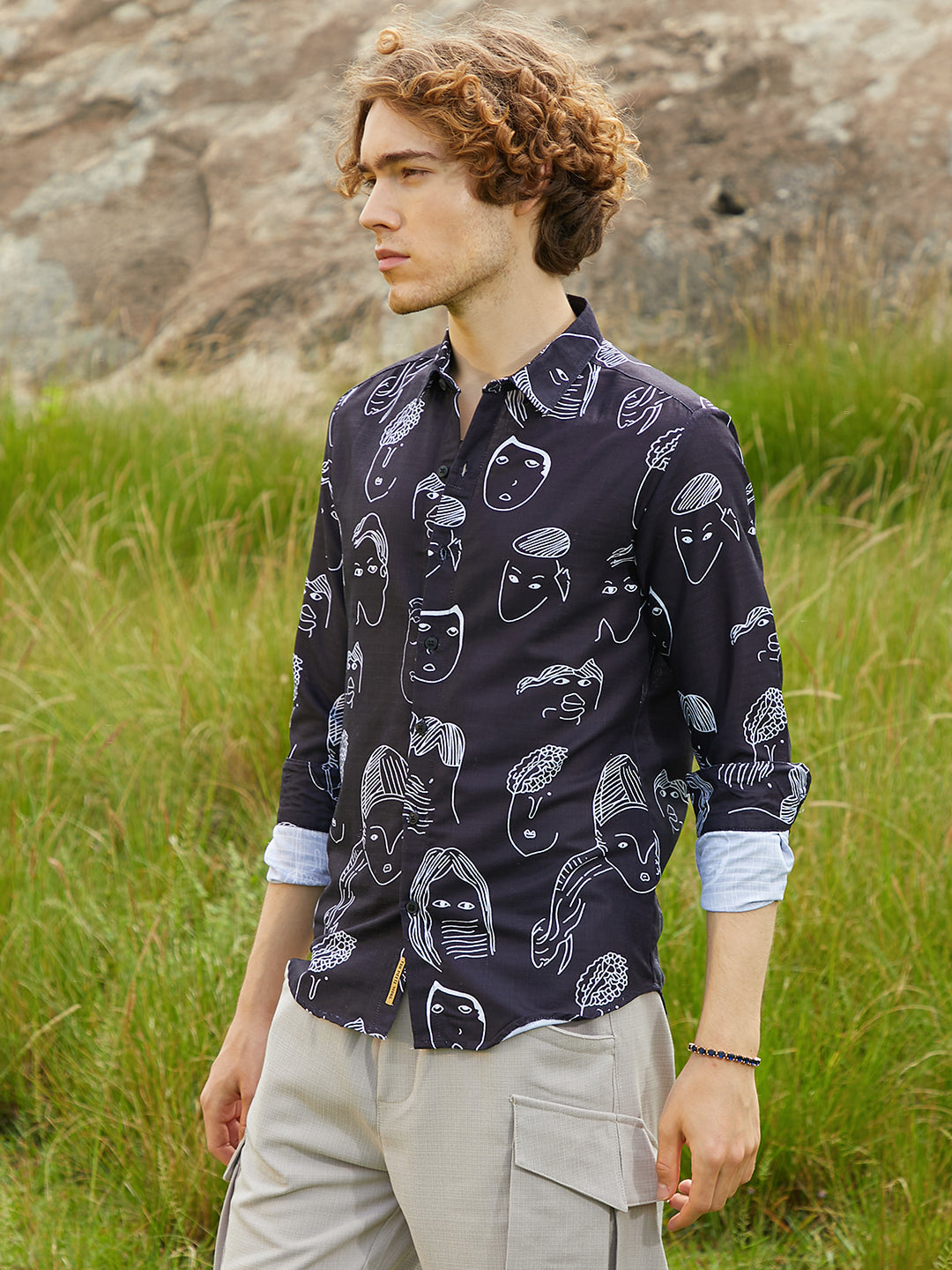 Men Midnight Black Doodle Face Shirt