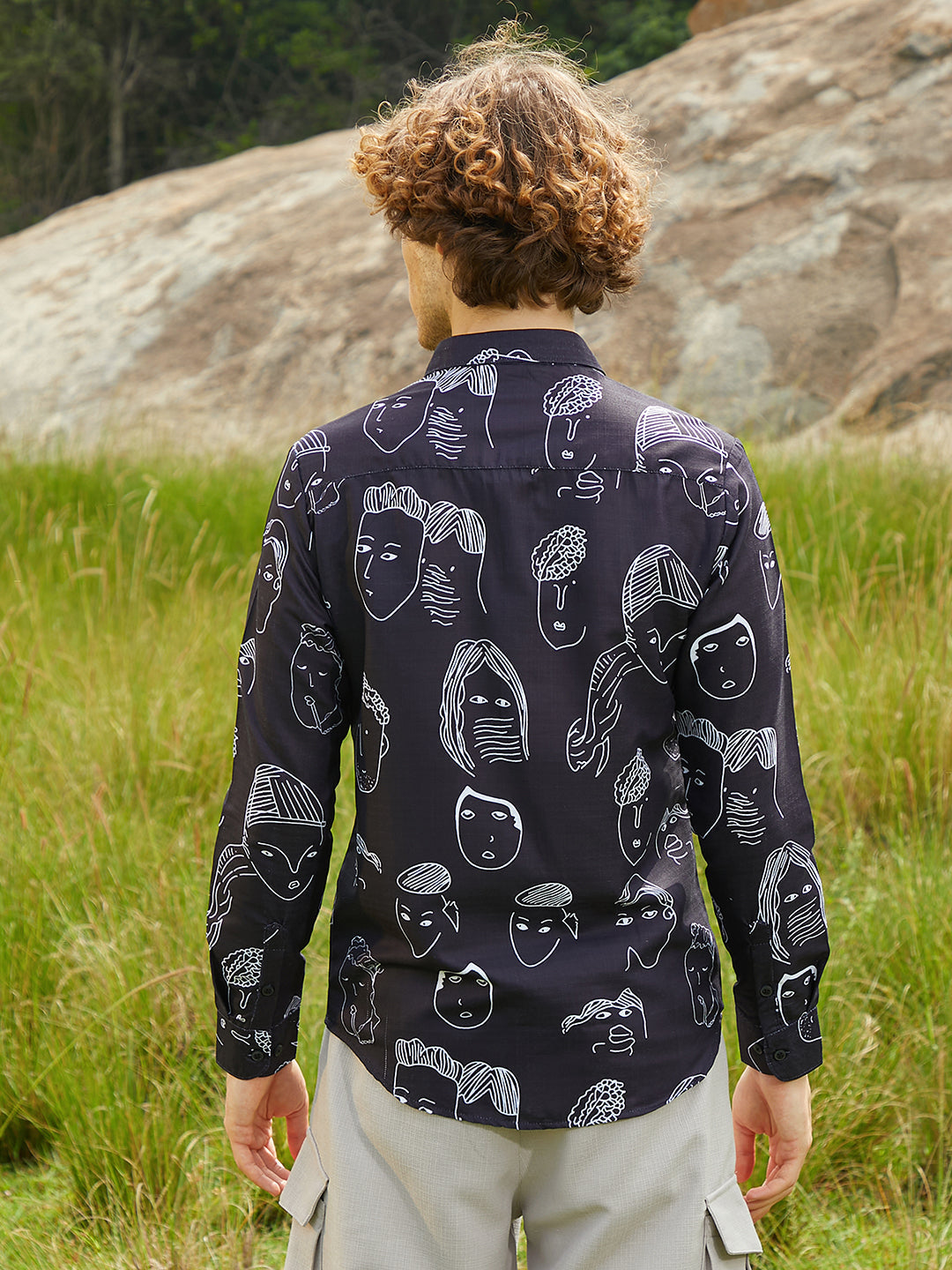 Men Midnight Black Doodle Face Shirt