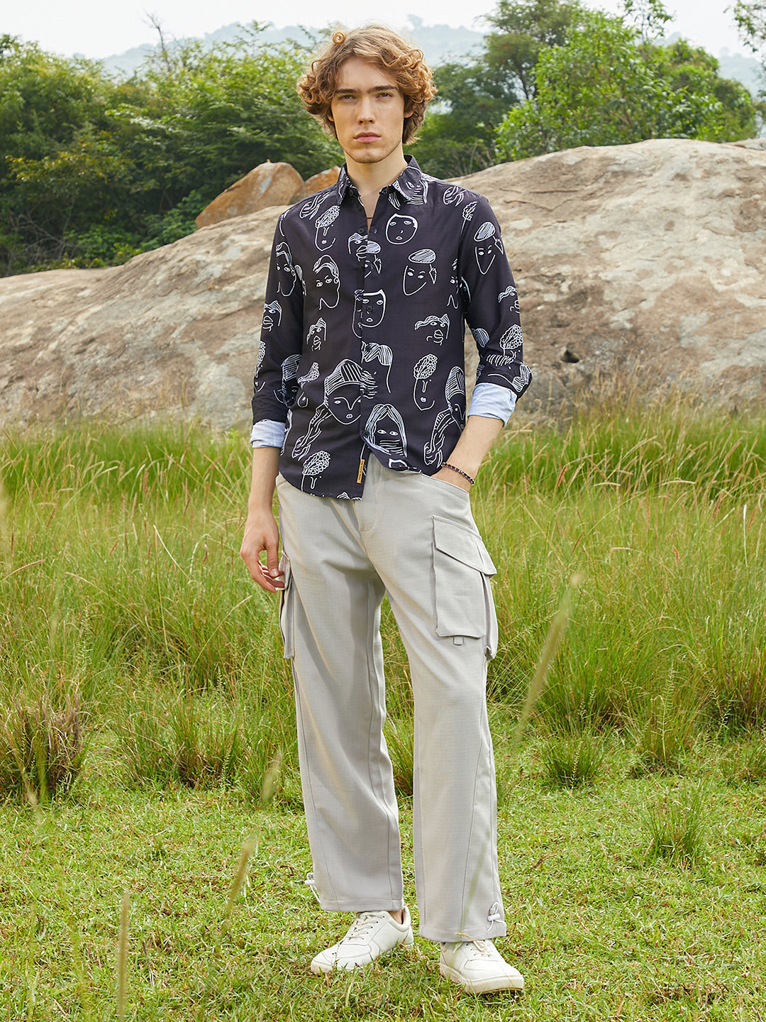 Men Midnight Black Doodle Face Shirt