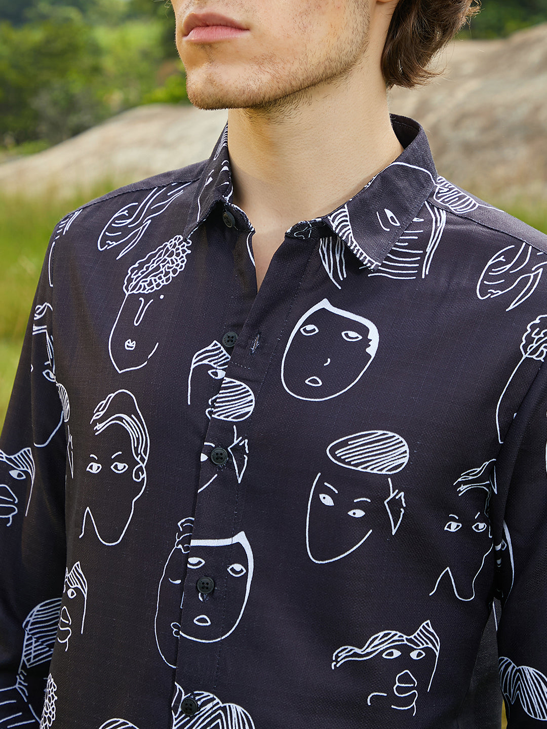 Men Midnight Black Doodle Face Shirt