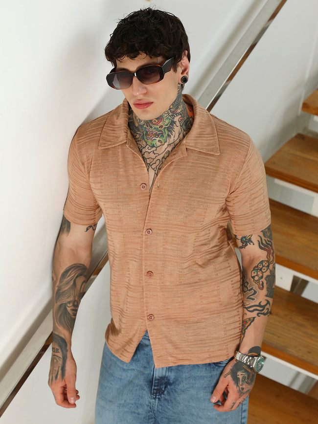 Men Light Brown Textured Button-Down Shirt