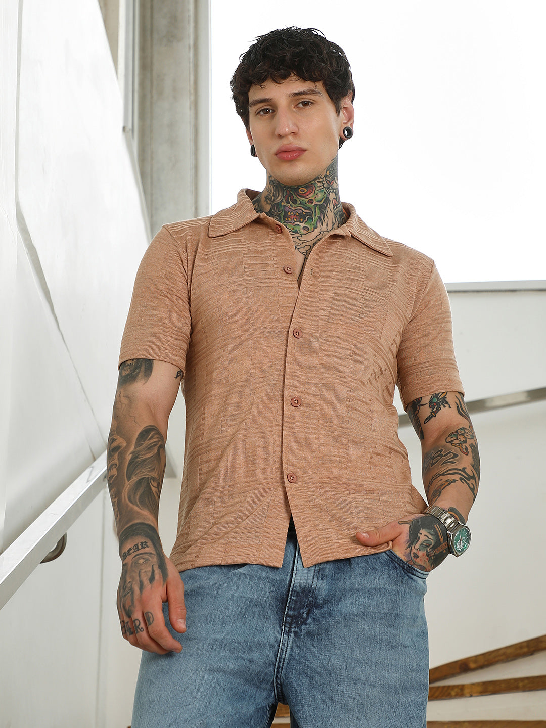 Men Light Brown Textured Button-Down Shirt