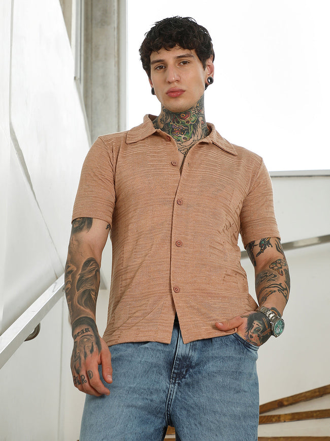 Men Light Brown Textured Button-Down Shirt