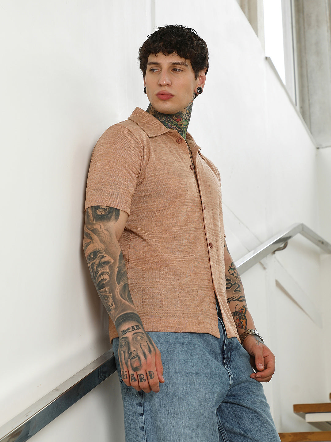 Men Light Brown Textured Button-Down Shirt