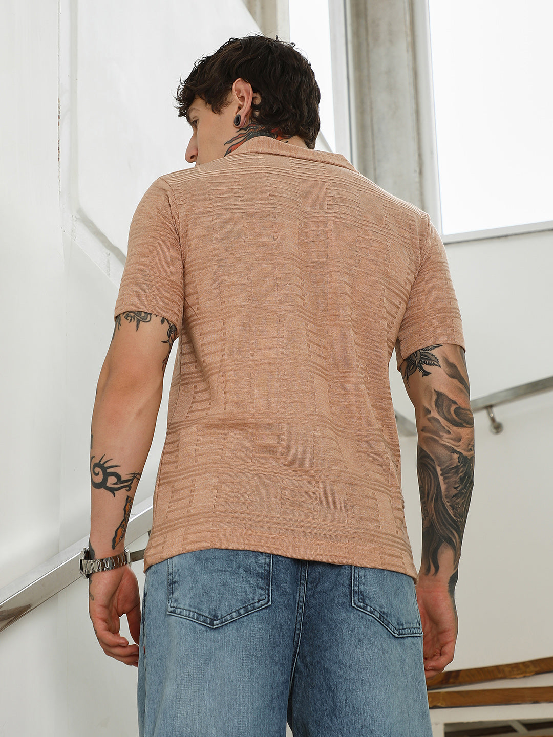 Men Light Brown Textured Button-Down Shirt