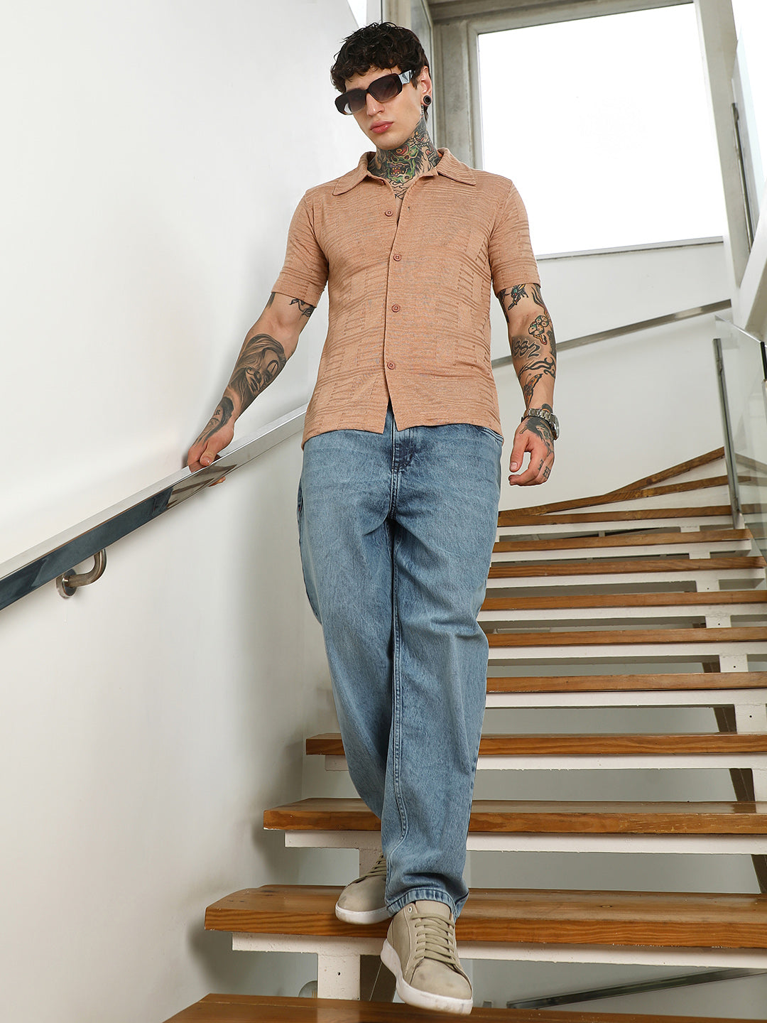 Men Light Brown Textured Button-Down Shirt