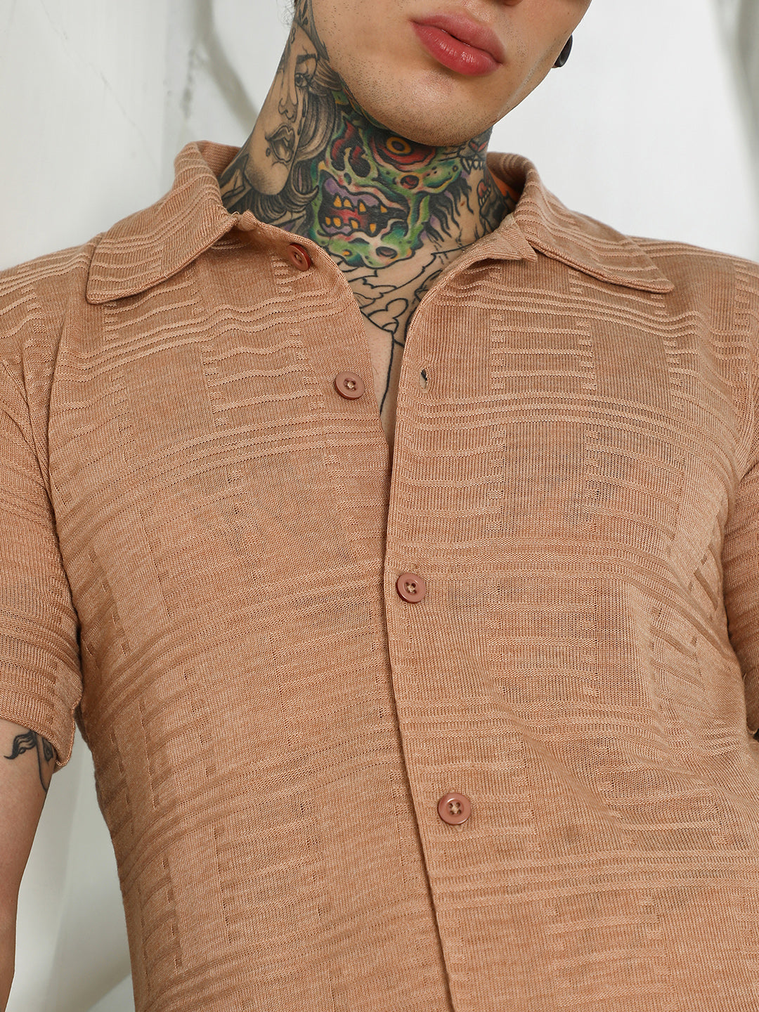 Men Light Brown Textured Button-Down Shirt