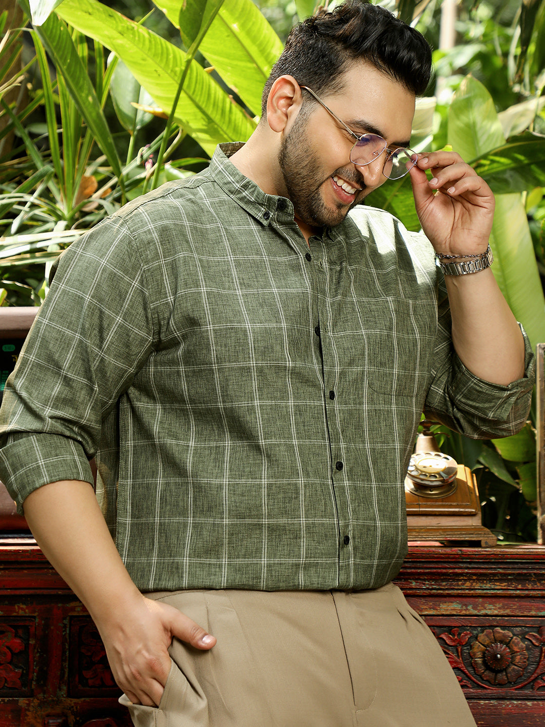 Men Olive Graph Check Shirt