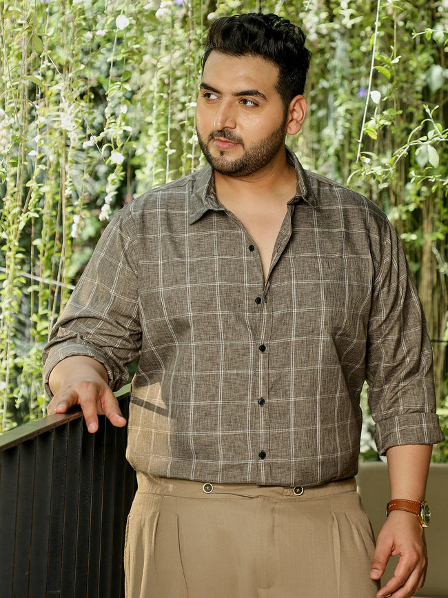 Men Dark Khaki Checks Shirt