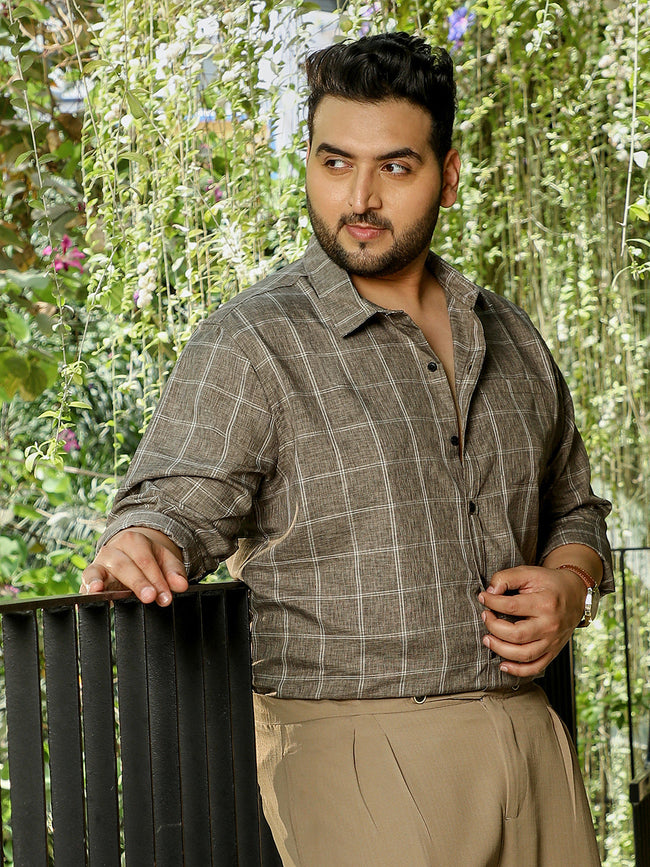 Men Dark Khaki Checks Shirt