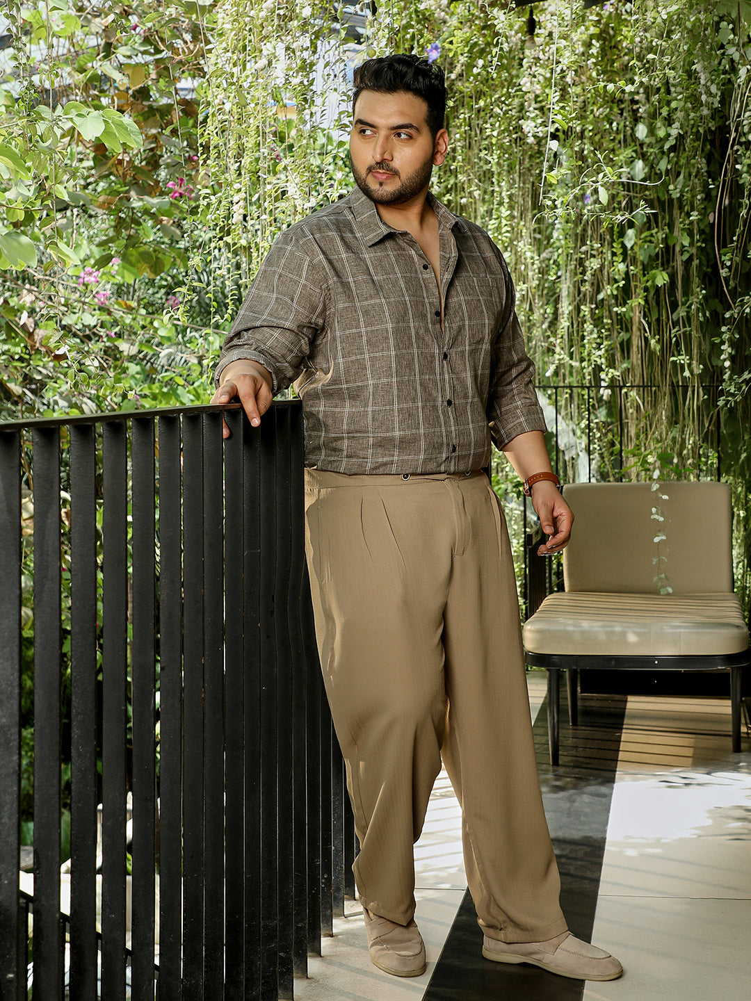 Men Dark Khaki Checks Shirt