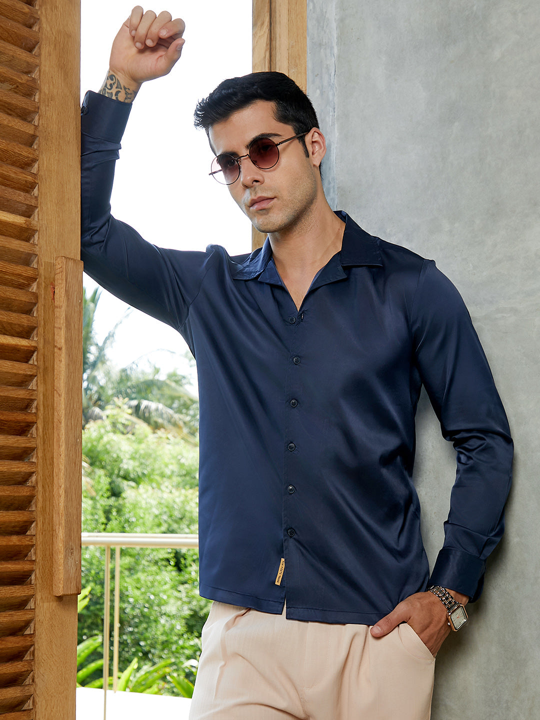Men Prussian Blue Solid Cuban Shirt