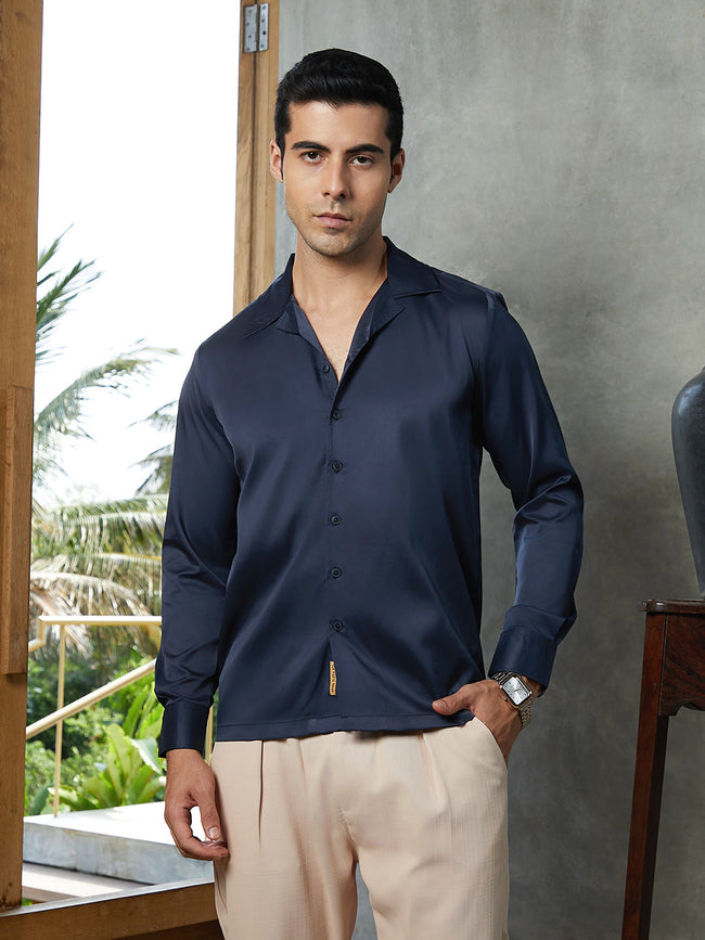 Men Prussian Blue Solid Cuban Shirt